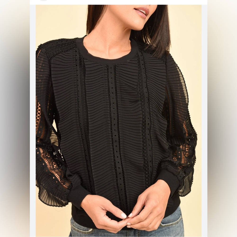 Calligraphie ruffles and lace blouse top size large black NEW